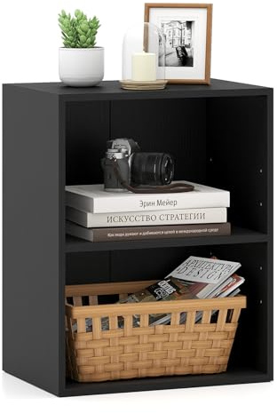COSTWAY 2-stöckiges Bücherregal klein, offenes Aufbewahrungsregal Holz, Standregal mit 5-Fach verstellbarem Einlegeboden, Würfelregal Raumteiler (Schwarz,2 Fächern, 42 x 29,5 x 53,5 cm)