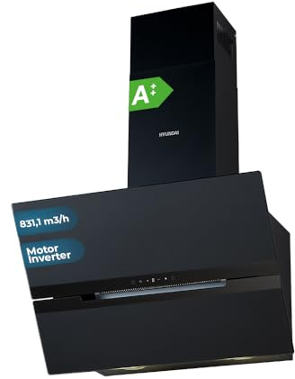 Hyundai HCDE70DCB00 Dekorative Dunstabzugshaube, geneigt, 70 cm, schwarzes Glas, Leistung: 831 m³/h, 3 Geschwindigkeiten, 2 Filter, 64 dB, Geräuschpegel, Touch-Steuerung, spülmaschinenfeste Filter