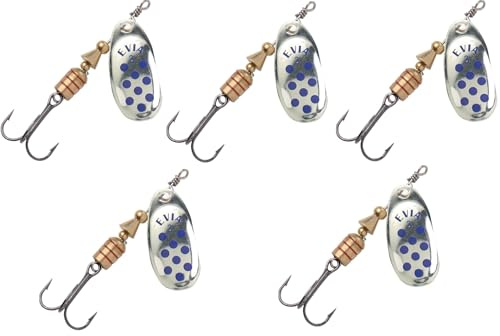 Pack 5 Cucharillas de Pesca Giratorias Modelo Dotty Modelo 11 | n.º 3, 7g - Color Plata con Puntos Azules - Señuelos para Trucha, Perca y Lucio - Anzuelo Triple con Muerte