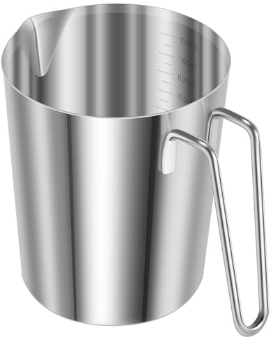 BAODBF 1L Messbecher Edelstahl mit Griff Ausgießlippe Silber(1000ML) | Milchkännchen mit Innenskala für Milchaufschäumer Rührbecher Bar Café 304 Metallkrug Robust Spülmaschinenfest