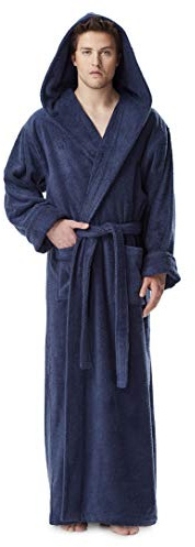 Arus Men's Hood'n Full Ankle Length Hooded Turkish Cotton Bathrobe Navy Blue X-Large