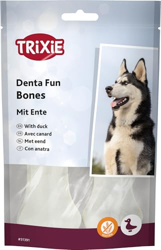 TRIXIE Denta Fun Knochen mit Ente - Rinderhaut mit Ente gefüllt - 2 Stück - 10 cm - 70 g - Glutenfrei - 31391 | Zahnpflege-Kauartikel mit strukturierter Oberfläche – schmackhafte Belohnung fürs Training, ideal für zwischendurch