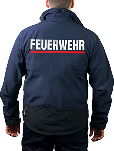 WorkSoftshelljacke Navy, BaWü mit Stauferlöwe nach VwV, Feuerwehr Silber mit rotem Streifen hinten