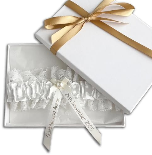 My Pretty Little Gifts Personalised Off-White Garter With Gold Text - Perfect Bridal Bride to Be Wedding Hen Party Gift - Boxed