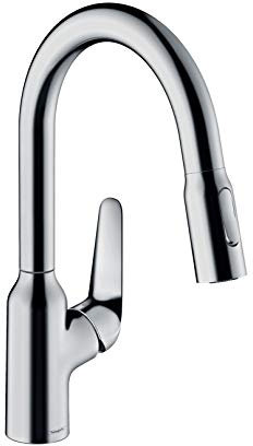 hansgrohe Küchenarmatur (Wasserhahn Küche 360° schwenkbar, ausziehbare Brause mit 2 Strahlarten, hoher Komfort-Auslauf 180mm, Standardanschlüsse) Chrom