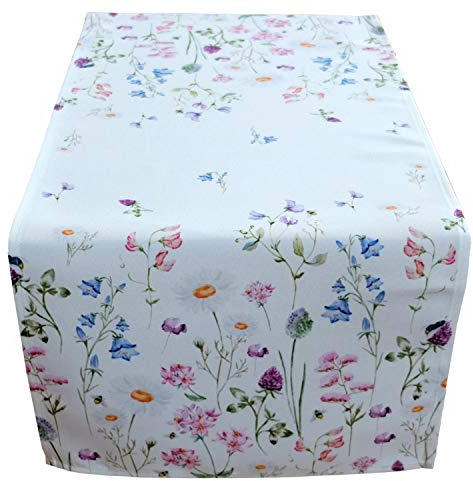 Raebel Tischläufer „Wiesenblume 40 x 90 cm Tischdecke Ostern Tischdeko Frühling weiß bunt Blumen