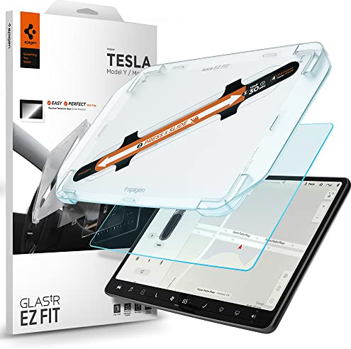 Spigen EZ Fit Schutzfolie [1P] für Tesla Model 3(2023-2017), 15 Zoll | Tesla Model Y(2024-2020), 15 Zoll, Gehärtetes Glas, inkl. Installationskit, Kristallklar, Hüllenfreundlich, 9H