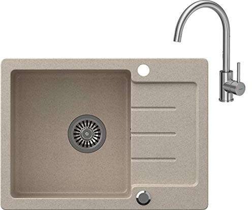 VBChome Lavello singolo da incasso Beige, da 60 x 44 cm, in granito composito puntiforme, reversibile, con sifone