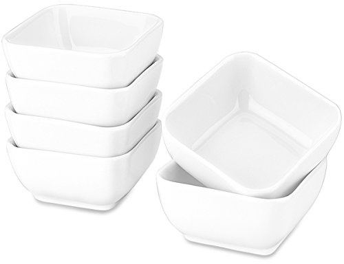 DELLING 6 Oz Porcelain Ramekins Set of 6, Square Souffle Dishes Oven Safe - White Ceramic Creme Brulee Ramekins for Baking, Dishwasher Microwave Freezer Safe Dessert Cups for Pudding Custard