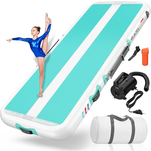 WelandFun Gymnastikmatta, uppblåsbar, 3/4/5/6 m, träningsmatta, kolfiber, 10/15/20 cm tjock, golvmatta, uppblåsbar yogamatta, taekwondo-matta, med pump, grön