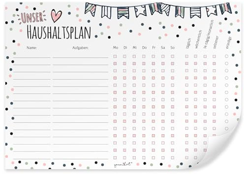 younikat Haushaltsplan Konfetti - selbstklebend - DIN A4 - dv934 | mit Aufhängung, Stifthalter und Stift, Whiteboard Putzplan abwischbar, To-Do-Liste für den Haushalt Familie WG