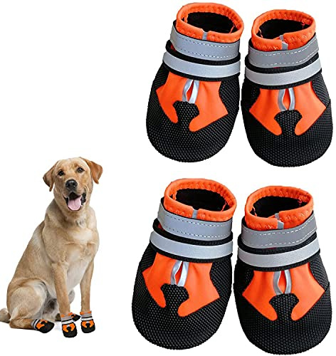 Dricar Bottes Chien, Ensemble de 4 Chaussures pour Chiens Antidérapant, Bottes de Protection pour Chien Imperméable pour Chiens de Taille Moyenne et Grande (L, Orange)