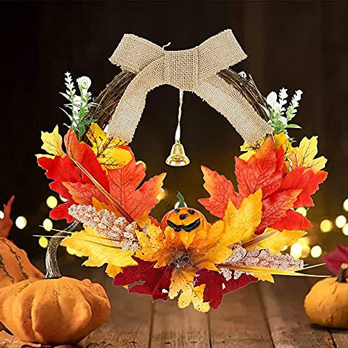 SOZA Herbst-Dekoration, 35 cm, Kürbis, Beere, Ahornblatt, Herbst-Tür, Wandkranz, Ornament, Girlande, Halloween, Erntedankfest, Herbst, Fensterdekorationen mit einer Glocke