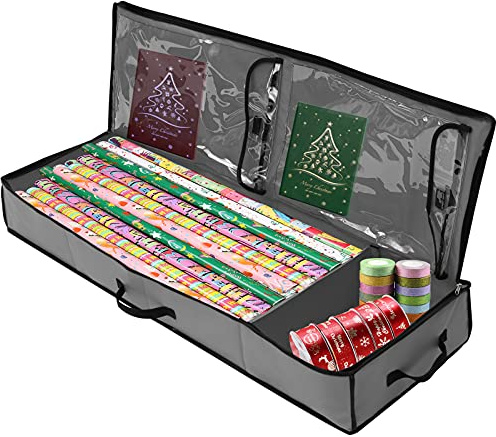 Zebery Weihnachtsverpackungs-Aufbewahrungstasche, Geschenkpapier-Organizer-Behälter, Geschenkpapier-Stoff-Aufbewahrungstasche für Papierrollen, Bänder, Schleifen