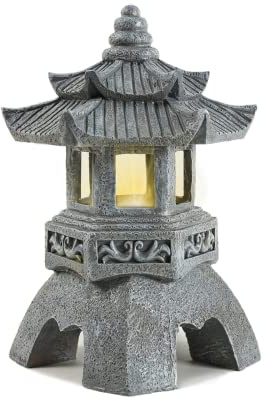 Lovely Ran Zwei Schichten Solar-Pagoden-Laterne, Gartenstatue, Innen- und Außenbereich, asiatische Dekoration für Landschaft, Balkon, Garten, Terrasse, Veranda, Hof, Polyresin, graues Stein-Finish