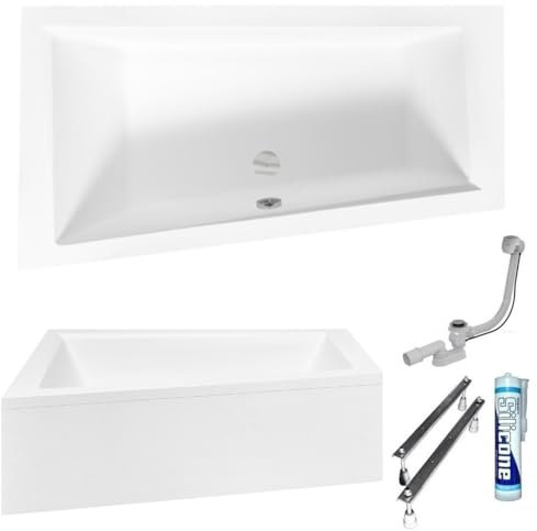 ECOLAM Badewanne Eckbadewanne Eckwanne Trapezwanne Intima 160x90 LINKS + Schürze Ab- und Überlauf Automatik Füße Silikon