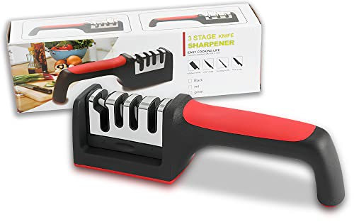 Afilador Cuchillos y Tijeras – Afilador de Cuchillos Profesional – Base Antideslizante – Afilado Rápido – Utensilios Cocina – Afilador 3 Etapas – Knife sharpener – Manual. (Rojo y Negro)