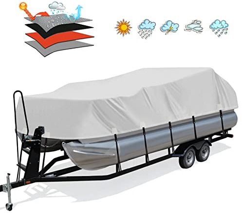 Solim Trailerable 1200D PU Heavy Duty Pontoon Boat Cover, 22-24ft Waterproof Marine Grade Oxford UV Resistant Polyester Canvas Cover, Boat Cover for Pontoon with Adjustable 18 Tie Down Straps, Gray