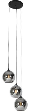 Qazqa Art Deco Pendelleuchte, Pendellampe - Wallace - Schwarz mit Rauchglas, Rund, 3-flammig, 35cm, Ideal als Wohnzimmerlampe