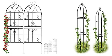 Relaxdays Rankgitter Metall, 2er Set, zum Stecken, Rankhilfe für Kletterpflanzen, 150 x 50 cm, Spalier Garten, schwarz & Rankturm 2er Set, freistehend, Rankhilfe für Rosen, H: 139 cm & 149 cm, schwarz