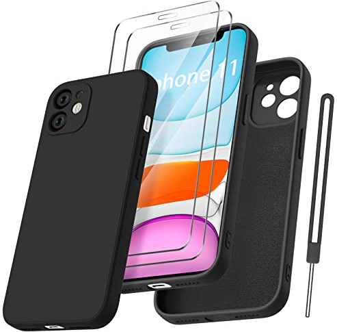 Qasyfanc HandyHülle für iPhone 11 Hülle Silikon case mit 2 Stück schutzfolie, Ultra Microfiber TPU Flüssig silikon mit Kameraschutz Kratzfeste Rundumschutz Schutzhülle 6.1''-Schwarz