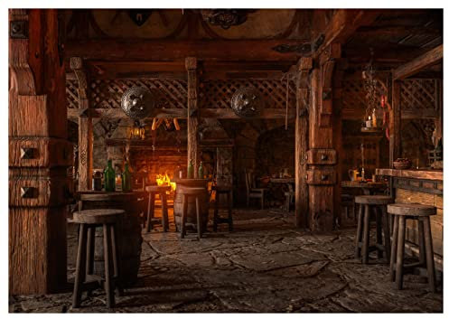 wandmotiv24 Fototapete Mittelalter Raum Fantasy Fass, 200 x 140cm - selbstklebende Strukturtapete, Wanddeko, Wandbild, Wandtapete, Wikinger Fässer Hocker Gasthaus M6890