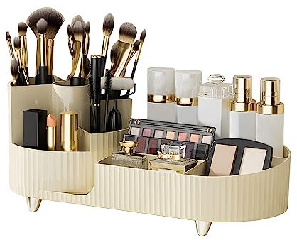 Kosmetik Make Up Organizer 360°Drehbarer Pinsel Organizer Schminktisch Organizer Kosmetik Organizer Kosmetikregal, Lidschattenpinsel Lippenstift Etui für Zimmer Decor, Schlafzimmer, Bad (Cremefarben)