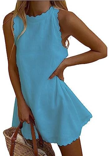 Women Sleeveless Tank Dress Linen Solid Halter Scallop Casual Mini Dress Back Zipper Summer Beach Dress Sundress (A-Light Blue, M)