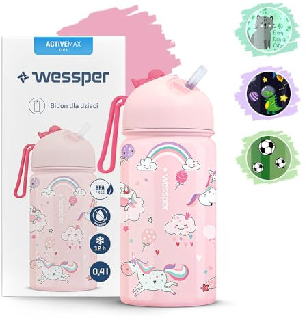 Wessper Trinkflasche Kinder mit Trinkhalm 410 ml Edelstahl, Auslaufsicher, Federleicht | 1-Klick Verschluss, BPA-Frei, für Kindergarten oder Schule, Sport - Rosa mit Einhornmotiv