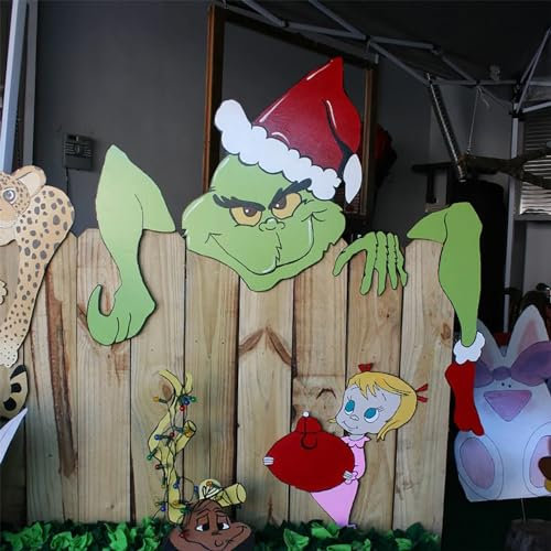 Grinchs Zaun-Dekoration, grüner Weihnachtsmann, Weihnachtsdekoration für drinnen und draußen, Wand, Haustür, Kamin, Weihnachtsbaum-Dekoration, 2 Stück