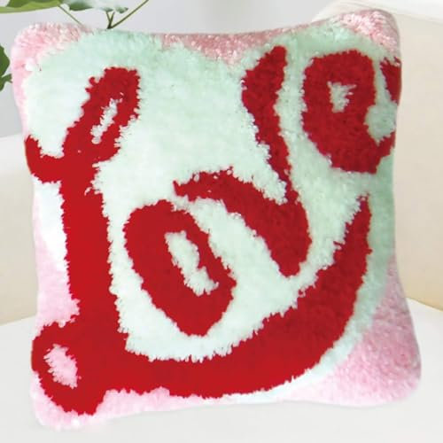 ZFFLYH Latch Hook Kits DIY Throw Pillow Cover Sofa Cushion Cover Cushion Cover Embroidery Craft Kit for Adults And Beginners Pattern Printed Canvas Creativity Crochet Gift 17X17 Inch,Love