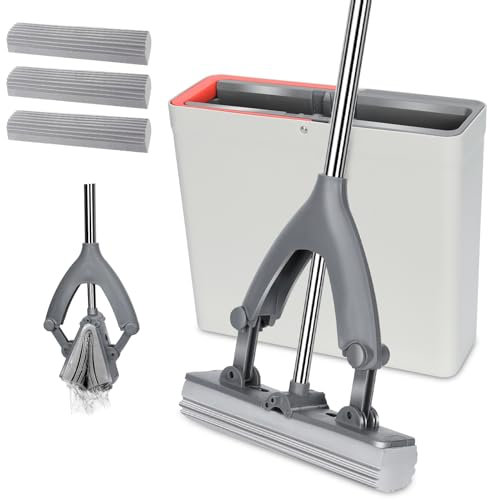 MASTERTOP Sponge Mop and Bucket, Lazy Squeeze Mops with Bucket Wringer, Super High Absorption Sponge Mops for Laminate, Tile, Hardwood Floor Cleaning, Send 3pcs Replacement Heads