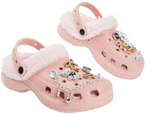 CityComfort Zuecos Invierno Niña con Forro Sherpa, Clogs con Charms Extraíbles, Zapatillas Casa Calentitos para el Frío (33 EU, Rosa Claro)