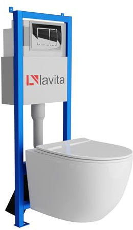 Lavita LAV 101 - Elemento da parete per WC da 40 cm + parete sospeso per WC SINTO bianco senza bordi + pannello di controllo LAV 200.1.2 cromato | Set completo | Cassetta di risciacquo da incasso | WC