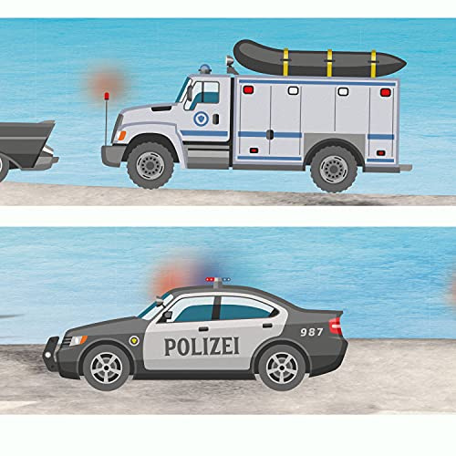 Wandbordüre Polizei Einsatzfahrzeuge Tapetenbordüre Vlies Babyzimmer 400x12 | Tapetenvlies Bordüre für Kinderzimmer Babyzimmer Spielzimmer leicht mit Vliestapetenkleister anbringbar