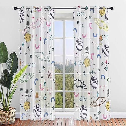 ENEN Vorhänge Wohnzimmer, Gardinen mit Ösen Halbtransparent Gardinen Wohnzimmer, Universum Schlaufenschal 2er Set für Kleine Fenster Küche Wohnzimmer Landhaus (Astronaut,107x244cm)