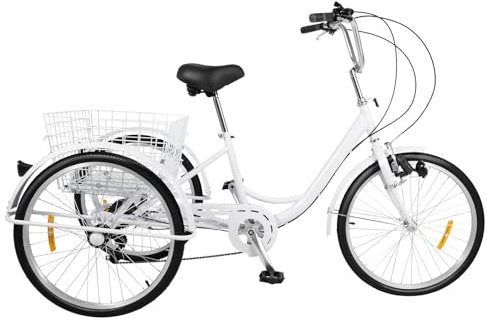 WooDerson 24 Zoll Weiß Dreirad Fahrrad Erwachsene Aus Karbonstahl, 6 Gang, Tragfähigkeit 120kg, Fahrrad Mit 3 Rädern für Städte, Strände, Fahrradwege USM Unisex