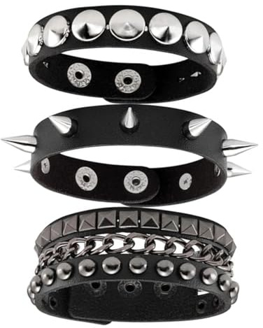 Fenglin-joy Punk Besetztes Armband,3 Stück Nieten Armband Leder Schwarz Gothic Armreif Rock Armband Set, Armband Verstellbare Manschette für Männer Frauen Cosplay Party