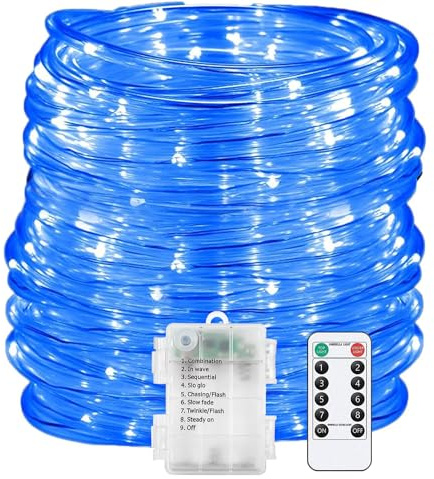 DINOWIN LED Schlauch Lichterkette Batterie Wasserdicht Lichterkette Draht mit Fernbedienung 8 Modi und Timer Lichtschlauch für Innen Außen Zimmer Party Garten (Blau, 20M 200LED)