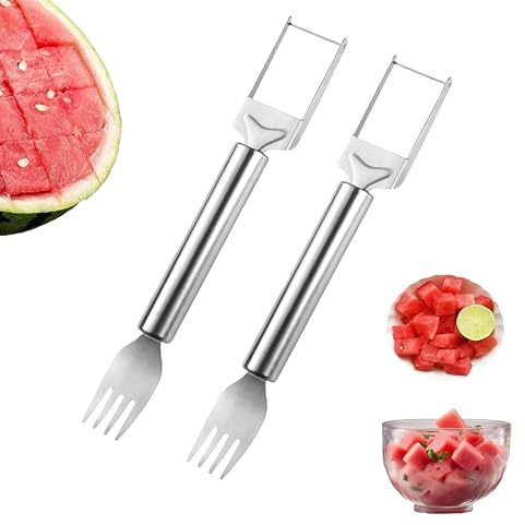 2-in-1 Obstschneider aus Edelstahl–Melonenschneider und Wassermelonengabel,praktischer Wassermelonen Cutter für einfache Obstzubereitung (1*Gabel und Hackklotz Stil 2) (2*Gabel und Hackklotz Stil 1)