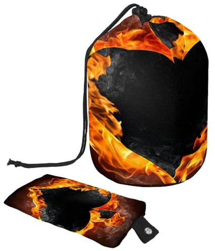 Drawstring Makeup Bag, Barrel Shaped Travel Cosmetic Bag Make up Bags, Foldable Toiletry Organizer Storage Pocket for Women&Girls - Spades Card in Fire Flames