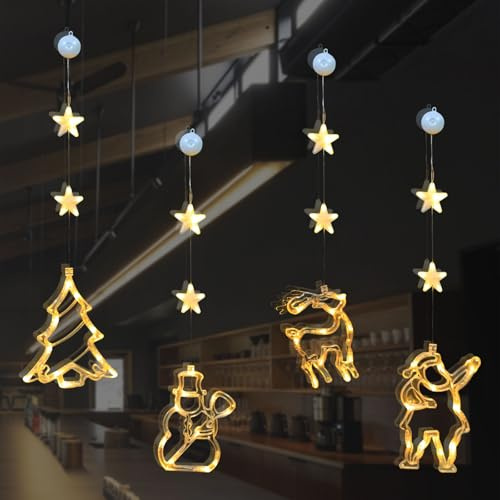 4 Stück LED Vorhang Lichterkette,Weihnachtsdeko Fensterlicht Hängend,LED Weihnachtsbeleuchtung Batteriebetriebene mit Saugnapf,LED Lichtervorhang für Innen Außen,Weihnachtsbaum Lichterkette(Lang)