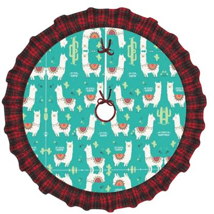 Jupe de sapin de Noël avec imprimé lama blanc et cactus - Jupe de sapin de Noël pour fêtes de vacances, décorations de Noël