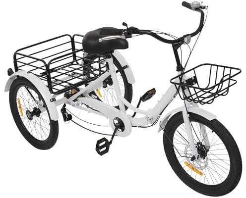 Akuoyiexemye 20 Zoll Faltbares Dreirad für Erwachsene 7-Gang 3 Rad Fahrrad mit Einkaufskorb und Schloss, Höhenverstellbar Cityräder Tragfähigkeit 130kg (Weiß)