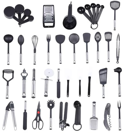 Set di utensili da cucina, 40 pezzi, antiaderente e resistente al calore, set completo di pentole con spatola, cucchiaio da cucina e gadget da cucina in nero