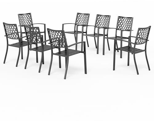 PHI VILLA Metall Gartenstühle 8er Set, Terrassenstühle Stapelbar, Schwarz | Robuster Stahlrahmen, Rostbeständig E-beschichtet Gartensessel, Mit Armlehnen, 136 kg Tragkraft, Platzsparend Stapelbar