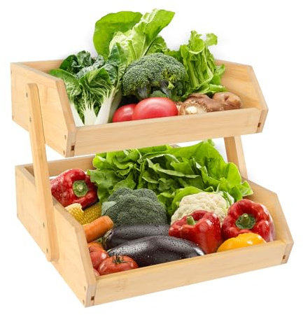 HUOLE Support de Corbeille à Fruits en Bambou 2 Niveaux Support pour Le Rangement des légumes, pour Les légumes pour Plan de Travail de Cuisine pour Fruits, Légumes, Pain, collations 25*30*26.5cm