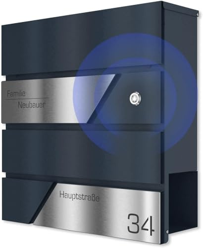 Graviers Design Briefkasten mit Funkklingel in Anthrazit RAL 7016 - Wandbriefkasten personalisiert Edelstahl Lasergravur Name Hausnummer Straßenname - Postkasten Schloss Zeitungsfach Design 1