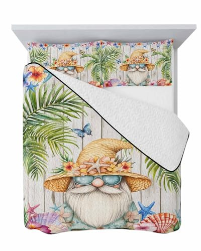 Quilt Set King, Dwarf Seaside Shell Starfish Summer Bedding Sets Lightweight Soft Microfiber Bedspread Coverlet Set, Palm Tree White Wood Grain 3 Pieces Comforter Bedding Set(1 Quilt, 2 Pillow Shams)