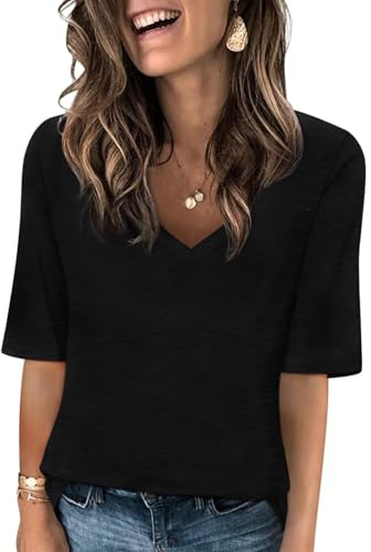 AirMood Women V Neck T Shirts Summer Casual Half Sleeve Tops Loose Fit Tees Tshirt (Black,L)